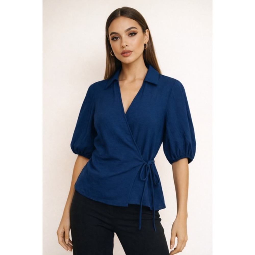 Montgomery Post‎ Halley Airette Wrap Top Women S Blue NWT
